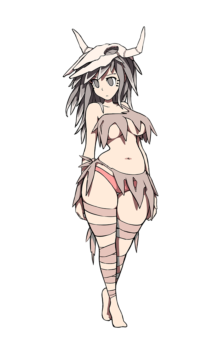 1girl, bare_arms, bare_shoulders, barefoot, breasts, closed_mouth, grey_hair, highres, hips, large_breasts, mercury, original, panties, red_panties, simx, skull, solo, thick_thighs, thighs, torn_clothes, tribal, under_boob, underwear, white_background, wide_hips