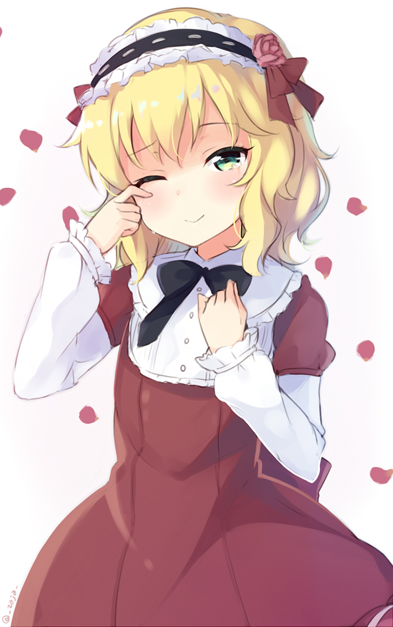 blonde_hair, dress, green_eyes, headdress, idolmaster, idolmaster_cinderella_girls, kblush, sakurai_momoka, short_hair, smile, win