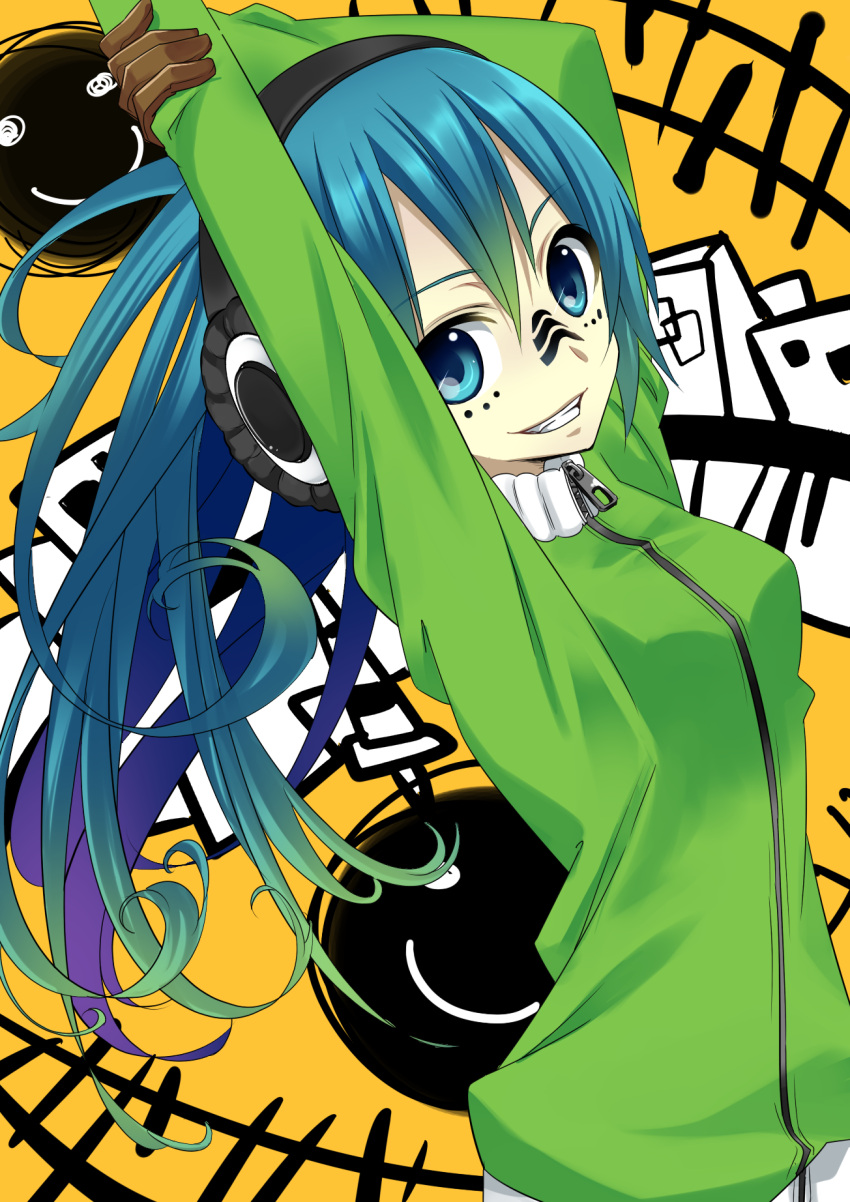 >:d, 1girl, arms_above_head, blue_eyes, blue_hair, face_paint, gloves, gradient_hair, grin, hatsune_miku, highres, hoodie, long_hair, matryoshka, solo, tagme, vocaloid