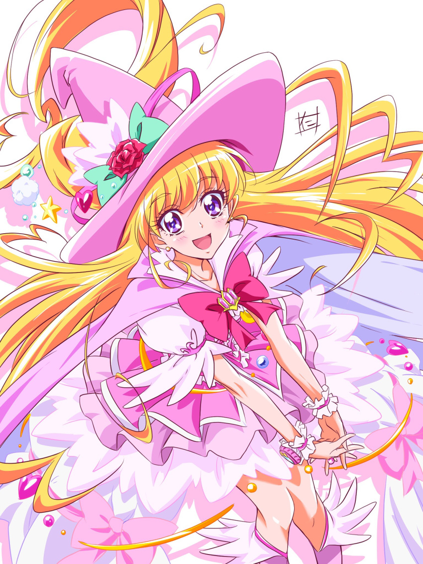 1girl, alexandrite_style, asahina_mirai, blonde_hair, blush, cure_miracle, dress, hat