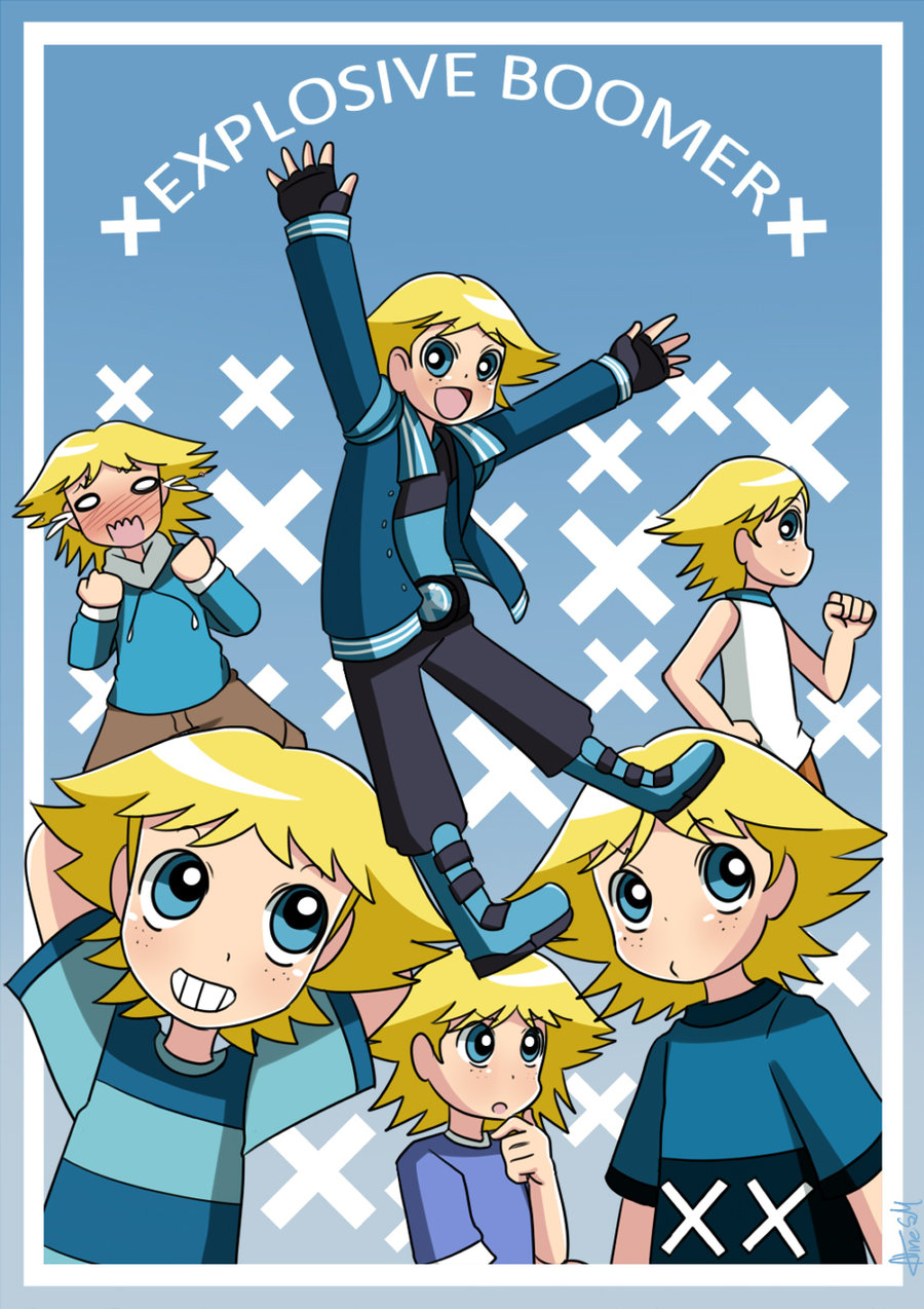 6boys, alinesm_(artist), arms_behind_head, arms_out, belt, blonde_hair, blue_eyes, blush