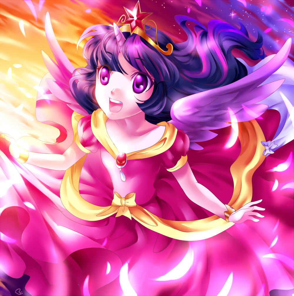 1girl, alicorn, bracelets, crown, dress, highres, jewel, long_hair, multicoloured_hair, my_little_pony, my_little_pony:_friendship_is_magic, open_mouth, ribbon, solo, tagme, twilight_sparkle, violet_eyes, wings