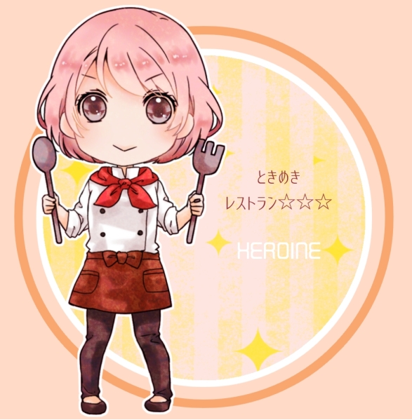 >:), bow, brown_eyes, fork, heroine_(tokimeki_restaurant), inekome, leggings, necktie, pink_hair, short_hair, skirt, spoon, stars, tokimeki_restaurant