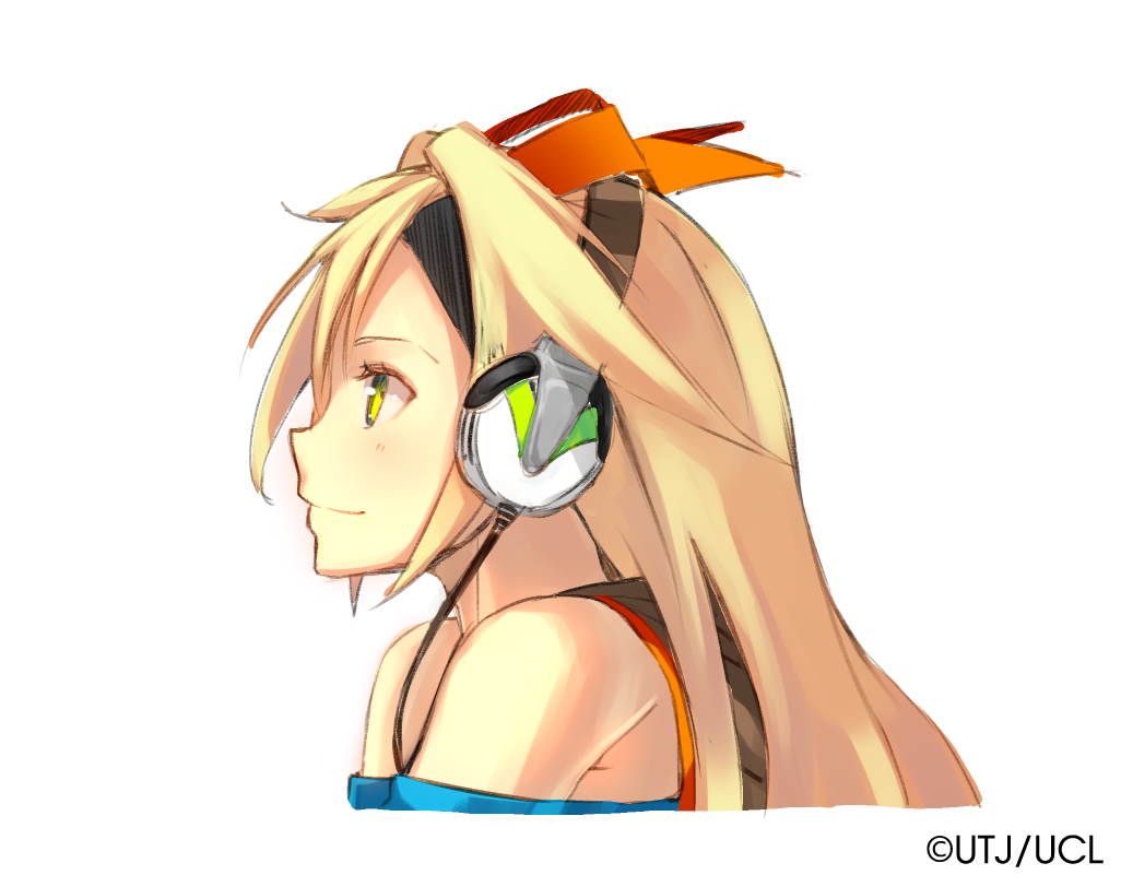 1girl, bare_shoulders, blonde_hair, gradient_eyes, headphones, smile, solo, straight_hair