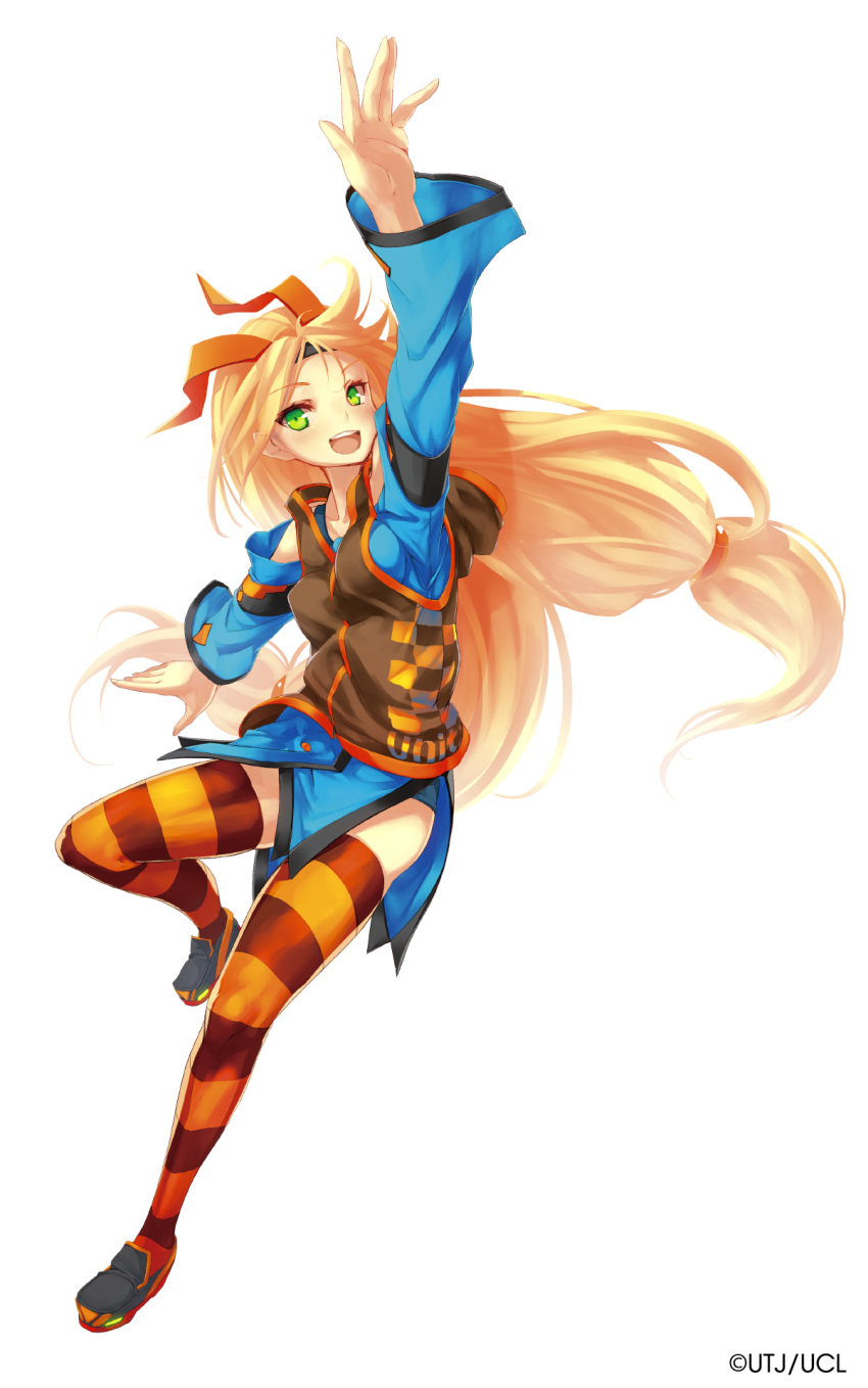 1girl, ;d, armbands, blonde_hair, gradient_eyes, highres, jacket, open_mouth
