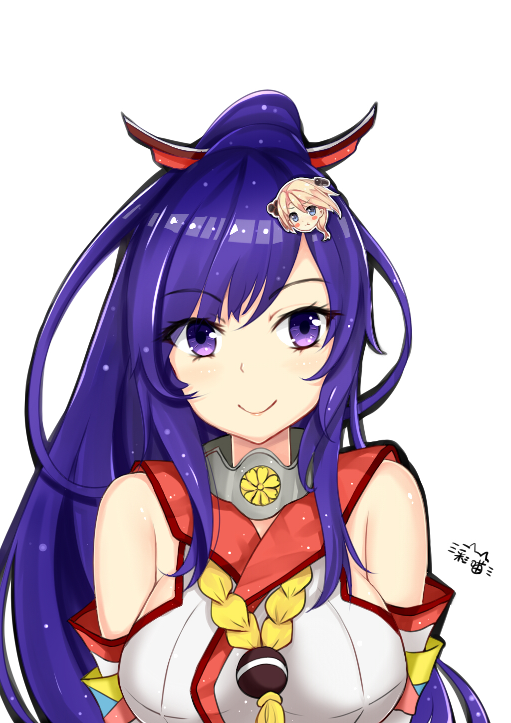 2girls, archerfish_(zhan_jian_shao_nyu), armband, blue_hair, breasts, character_hair_ornament, closed_mouth, cosplay