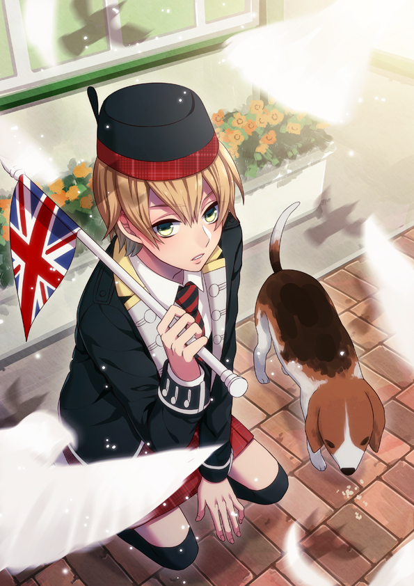 1boy, ann_hajime, black_legwear, blonde_hair, dog, green_eyes, hat, kilt