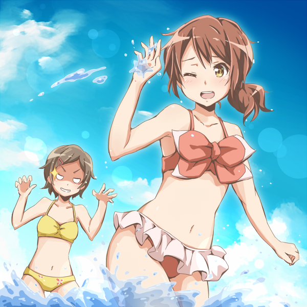 2girls, bikini, brown_eyes, brown_hair, clouds, day, frilled_bikini, frills