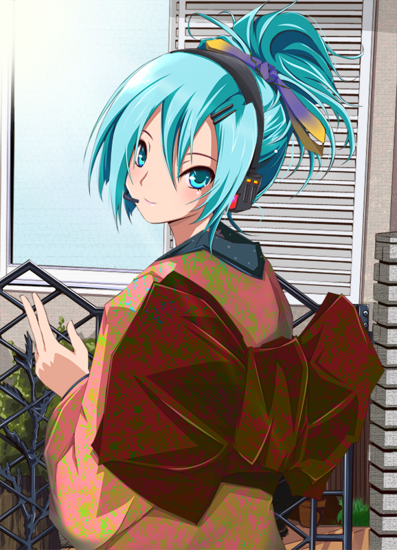 alternate_hairstyle, aqua_eyes, aqua_hair, bad_id, bow, fence, hair_bow, hair_ornament