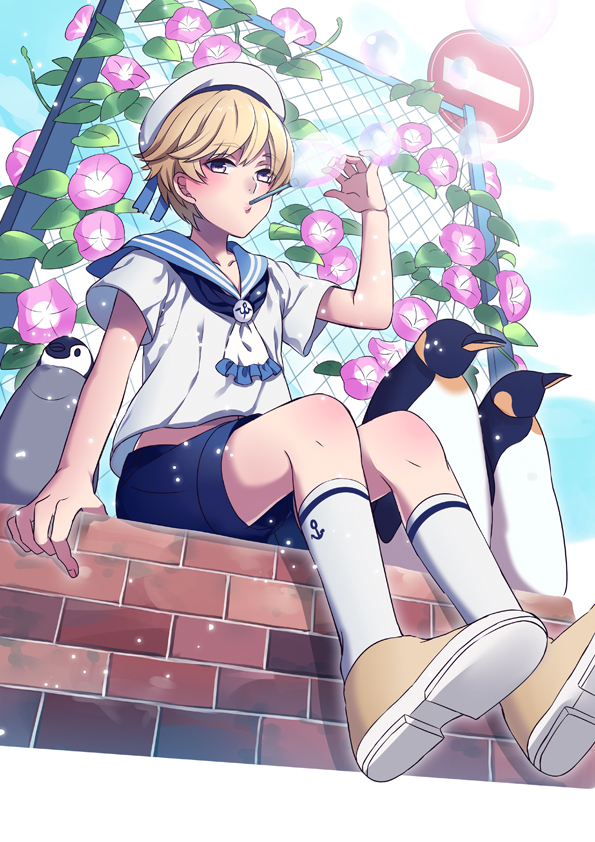 1boy, animal, ann_hajime, bird, blonde_hair, dixie_cup_hat, from_below, hat, hat_ribbon, looking_at_viewer, male_focus, military_hat, original, penguin, ribbon, sailor, sailor_collar, sailor_hat, shorts