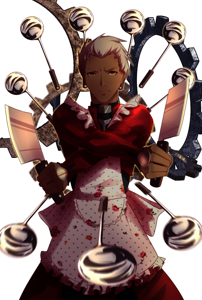 1boy, apron, archer, artist_request, cutlery, dark_skin, dark_skinned_male, dual_wielding