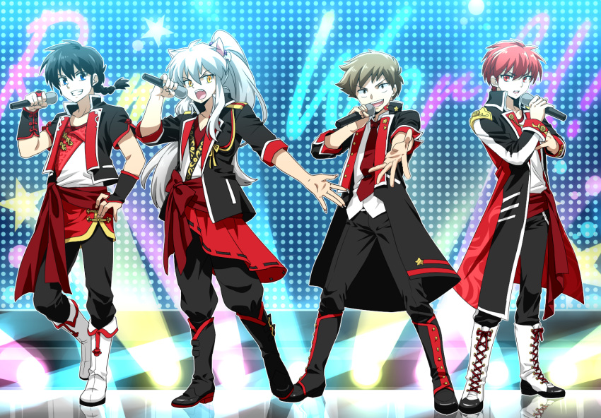 4boys, alternate_costume, alternate_hairstyle, animal_ears, bangs, black_boots, black_hair, black_jacket