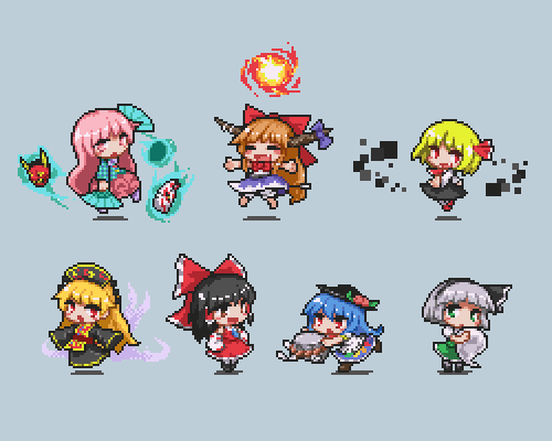 6+girls, blonde_hair, blue_hair, bow, bubble_skirt, chains, chibi, chinese_clothes