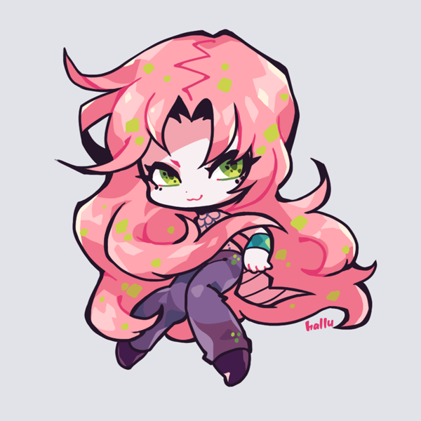 1boy, artist_name, chibi, diavolo, full_body, green_eyes, jojo_no_kimyou_na_bouken, long_hair, male_focus, pink_hair, polka_dot_hair, smile, solo, very_long_hair, wandering-planet, wristband