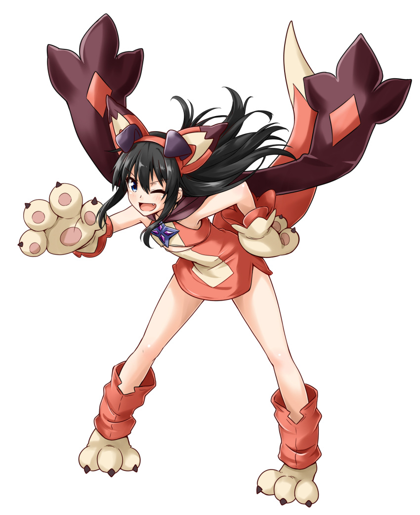 1boy, bellezza_felutia, black_hair, blue_eyes, boots, cosplay, crossover, djeeta_(granblue_fantasy), djeeta_(granblue_fantasy)_(cosplay), dress, fang, felutiahime, granblue_fantasy, hair_ornament, highres, long_hair, looking_at_viewer, one_eye_closed, open_mouth, original, short_dress, skirt, smile, solo, trap