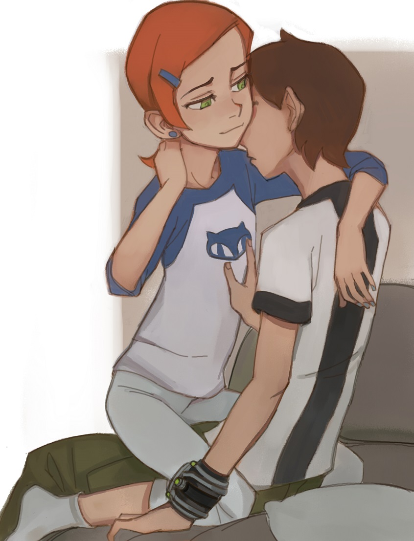 1boy, 1girl, :3, adjusting_hair, animal_print, arm_around_neck, arm_support, baggy_pants, ben_10, benjamin_kirby_tennyson, blue_shirt, blush, brown_hair, cat_print, child, couple, cousins, earrings, flat_chest, girl_on_top, green_eyes, green_pants, gwendolyn_tennyson, hair_ornament, hairclip, hand_on_another's_chest, hand_on_another's_shoulder, hand_on_own_neck, hug, incest, incipient_kiss, jewelry, kneeling, long_sleeves, looking_at_another, neck, omnitrix, orange_hair, pants, pillow, season_(artist), sexually_suggestive, shirt, short_hair, short_sleeves, siblings, sitting, sitting_on_lap, sitting_on_person, smile, straddling, striped, striped_shirt, t-shirt, upright_straddle, wariza