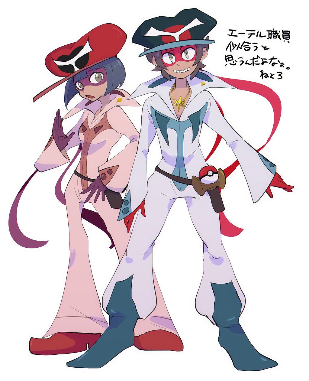 1boy, 1girl, aether_foundation_employee, bandanna, bangs, black_hair, blunt_bangs, bob_cut