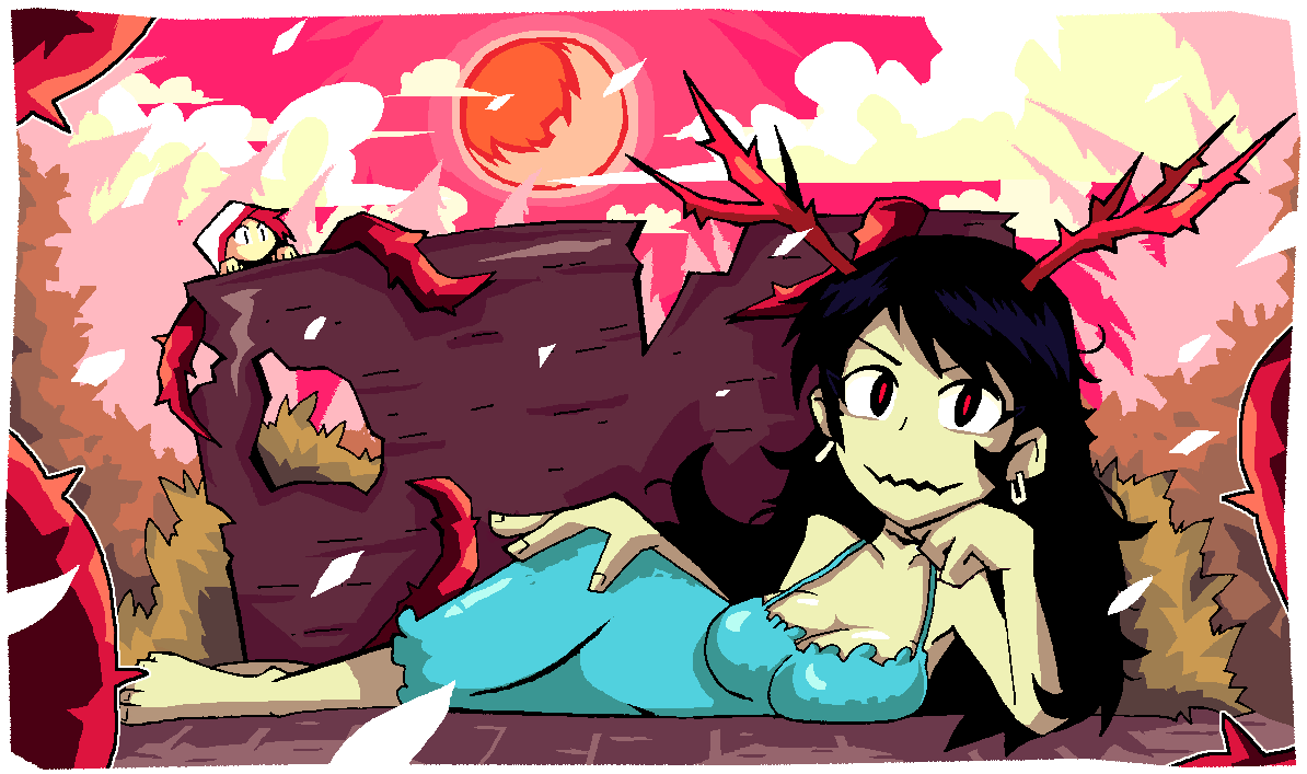 2girls, barefoot, blue_dress, breast_press, breasts, brown_hair, clouds, dress, earrings, full_moon, giantess, hand_on_hip, hand_on_own_chin, hood, horns, jewelry, kaho_(momodora), large_breasts, long_hair, looking_at_viewer, lubella, lying, momodora:_reverie_under_the_moonlight, moon, multiple_girls, on_side, open_mouth, pose, red_eyes, setz, |_|