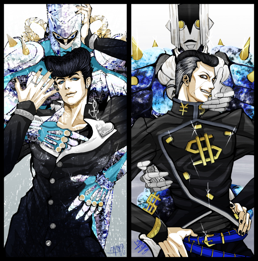 2boys, aqua_eyes, belt, black_eyes, black_hair, black_nails, brooch, collarbone