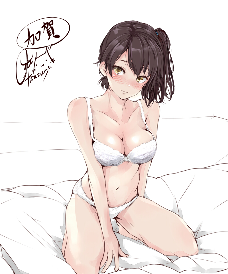 1girl, arm_support, bare_arms, bare_legs, bare_shoulders, barefoot, bed, bed_sheet