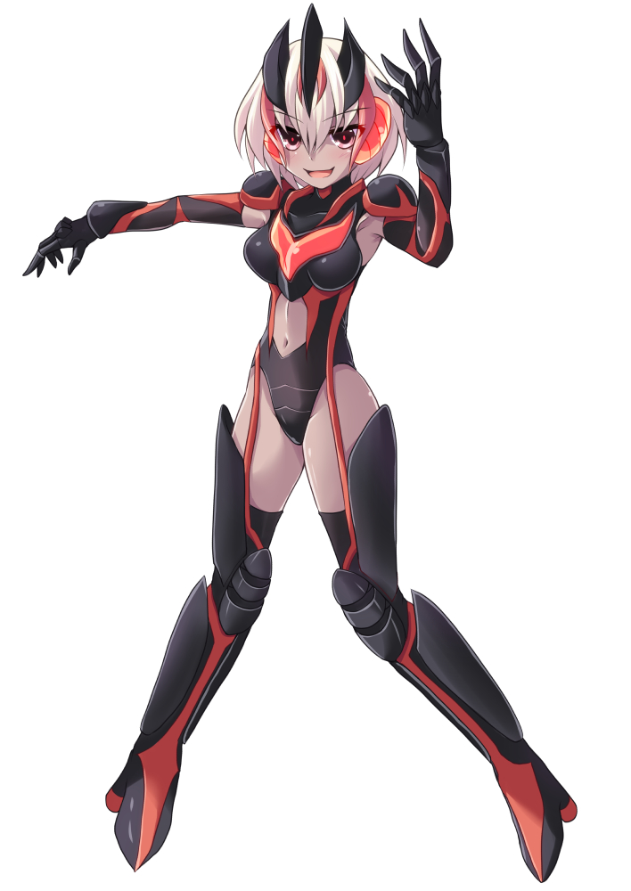 1girl, bodysuit, cross_(crossryou), dark_skin, dark_zagi, full_body, genderswap, genderswap_(mtf), looking_at_viewer, navel, open_mouth, personification, red_eyes, smile, solo, ultra_series, ultraman_nexus_(series), white_background, white_hair