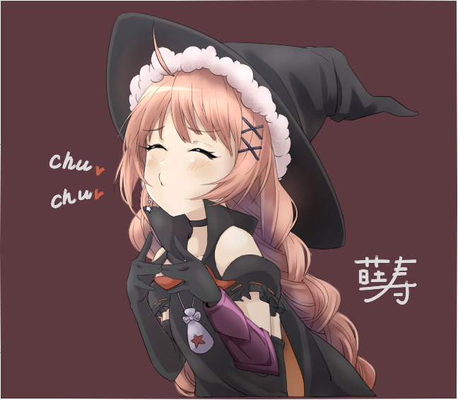 1girl, ^_^, ahoge, black_gloves, blush, braid, brown_background, brown_hair