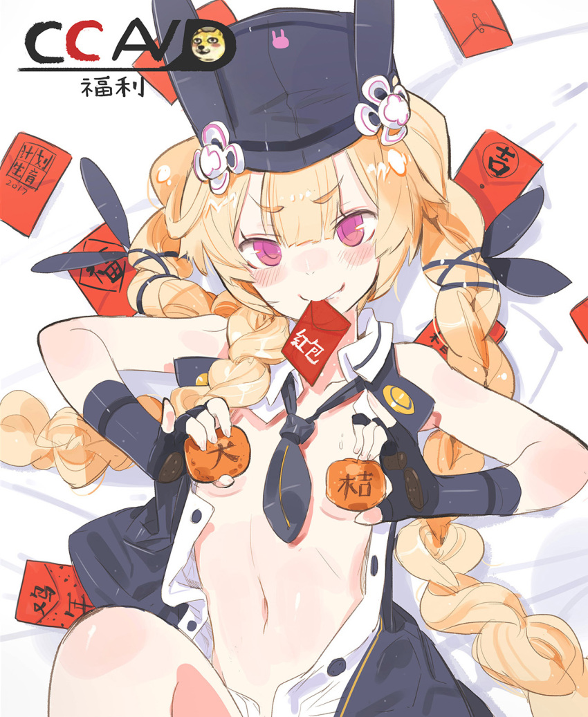 >:>, 1girl, 2017, :>, animal_print, black_gloves, black_necktie, blonde_hair