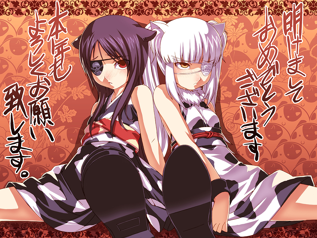 black_hair, cow_print, eyepatch, long_hair, new_year, red_eyes, takara_shinnosuke, tasaka_shinnosuke