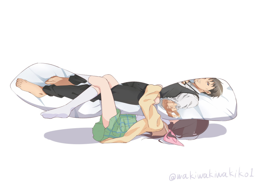 1girl, absurdres, brown_hair, dakimakura_(object), gochuumon_wa_usagi_desu_ka?, hair_ribbon, highres, honda_tamaki, hug, kafuu_takahiro, leg_lock, long_hair, low_ponytail, neki_(wakiko), pillow, pillow_hug, ribbon, school_uniform, skirt, solo, stella_no_mahou, twitter_username, white_background