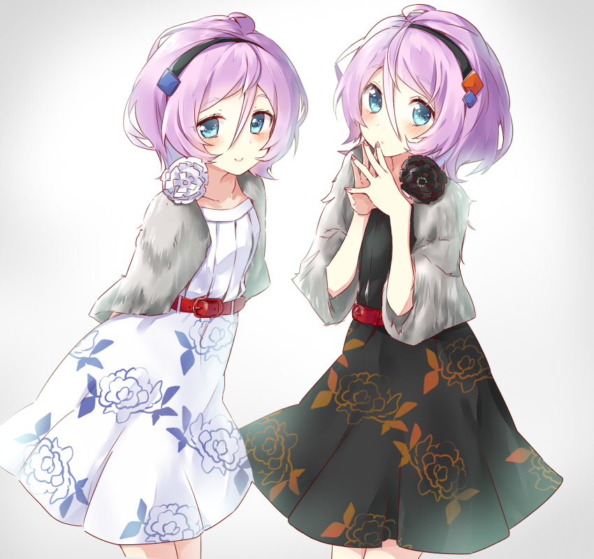 2girls, belt, blue_eyes, blush, cowboy_shot, dress, flower, fur, hair_ornament, headband, highres, jacket, jewelry, karakuri_futaba, karakuri_hitoha, looking_at_viewer, multiple_girls, nail_polish, negino_ki, pink_hair, short_hair, siblings, simple_background, sisters, smile, tokyo_7th_sisters, twins