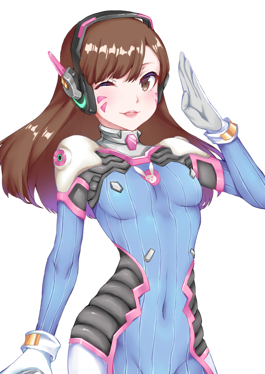 1girl, absurdres, animal_print, arm_at_side, bangs, blue_bodysuit, bodysuit, boots, bracer, breasts, brown_eyes, brown_hair, bunny_print, covered_navel, d.va_(overwatch), facepaint, facial_mark, gloves, hand_up, headphones, highres, lips, long_hair, looking_at_viewer, one_eye_closed, open_mouth, overwatch, pauldrons, piao_qi_jiangjun, pilot_suit, pink_lips, ribbed_bodysuit, salute, shoulder_pads, simple_background, skin_tight, small_breasts, smile, solo, turtleneck, upper_body, whisker_markings, white_background, white_gloves