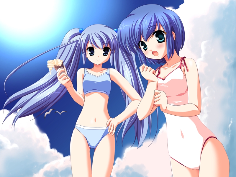 bikini, blue_eyes, blue_hair, chikami_futaba, chikami_nanako, festa!!_hyper_girls_pop, food, game_cg