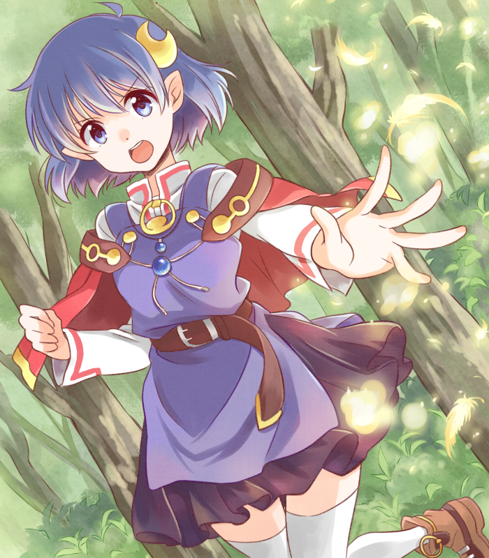 1girl, :o, black_skirt, blue_eyes, blue_hair, brown_shoes, cape, capelet