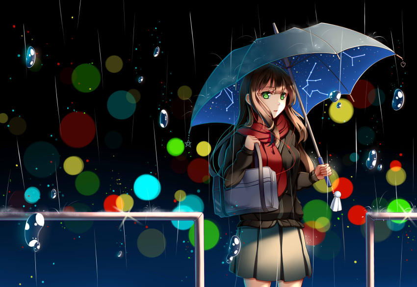 1girl, aira5, blurry, blush, bokeh, brown_hair, cardigan, constellation