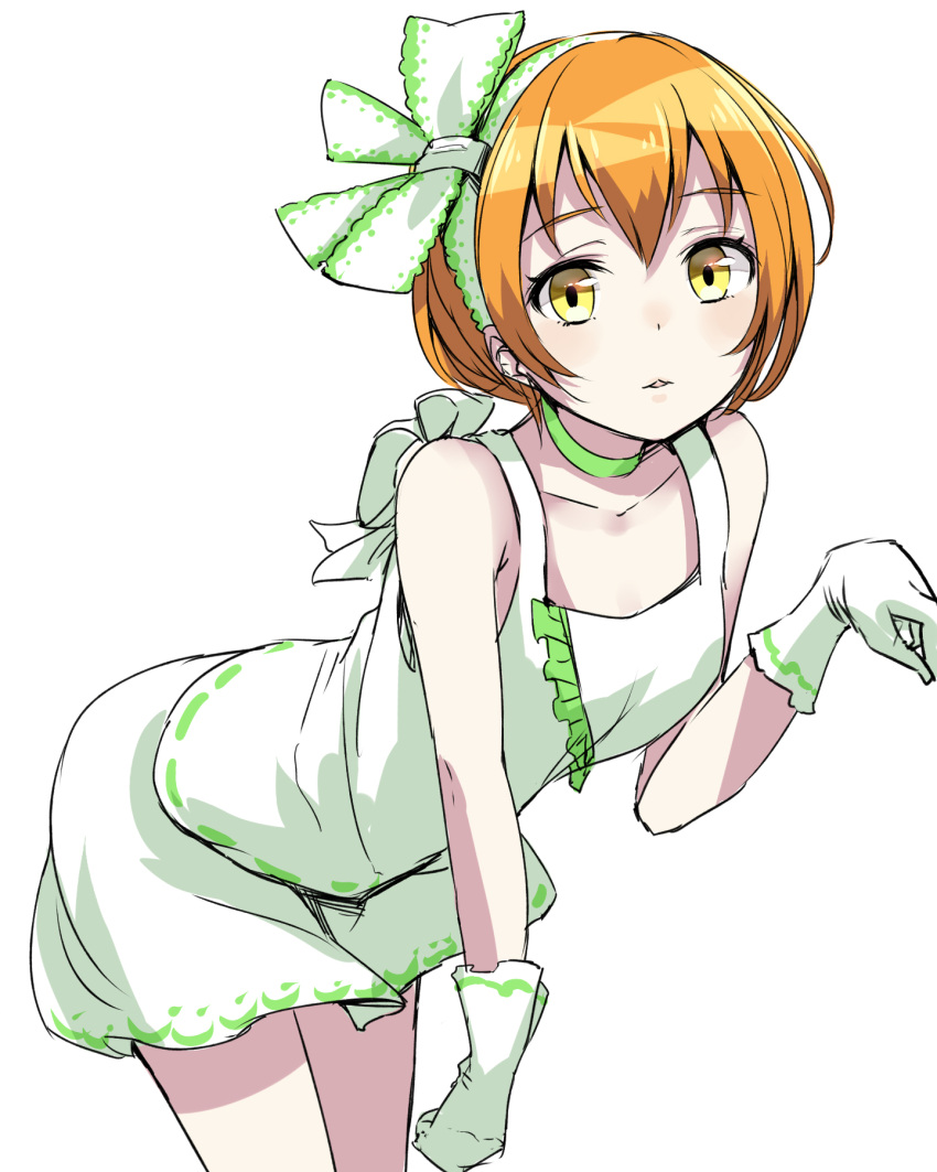 1girl, bent_over, collarbone, dress, gloves, highres, hoshizora_rin, love_live!
