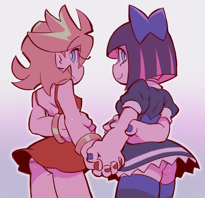 2girls, alternate_hairstyle, arm_behind_back, ass, blonde_hair, blue_eyes, bow, bracelet