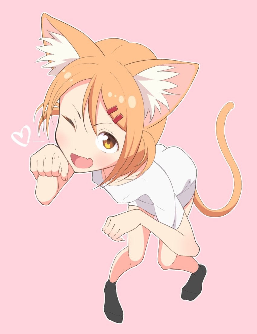 1girl, animal_ears, blush, cat_ears, cat_tail, fang, full_body, hair_ornament