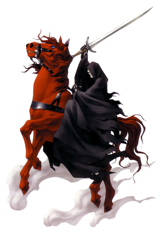 1boy, black_cloak, blue_eyes, bridle, fog, full_body, hood, hooves