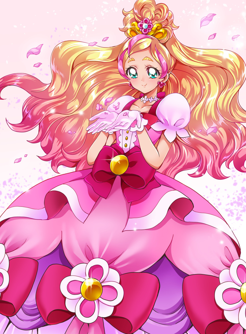 1girl, absurdres, blonde_hair, blue_eyes, blush, choker, cure_flora, dress