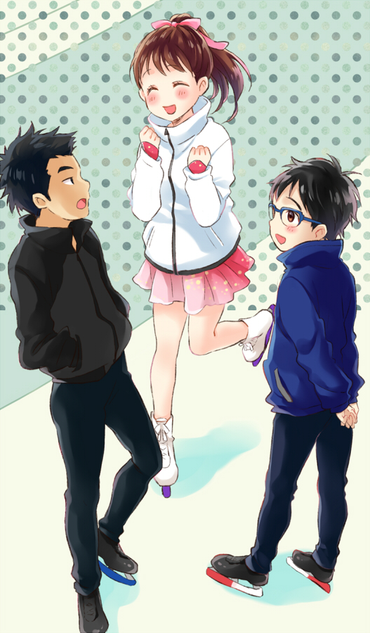 1girl, 2boys, ^_^, black_hair, blue-framed_eyewear, brown_eyes, brown_hair, child