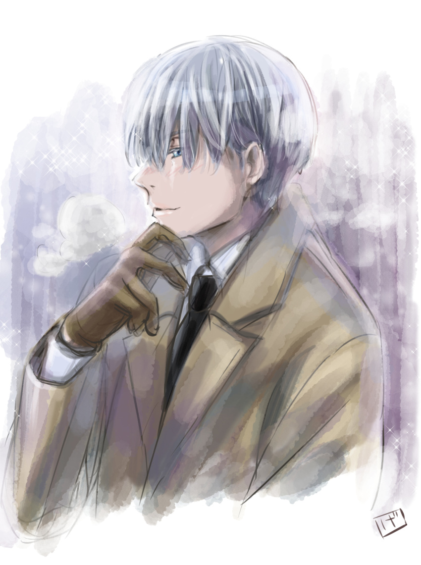 1boy, blue_eyes, brown_gloves, coat, gloves, highres, katsuki_ichiru, male_focus