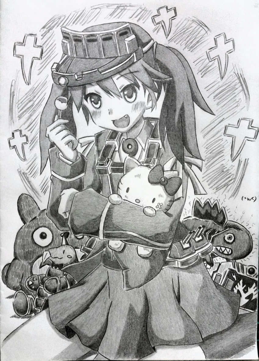 1girl, absurdres, bandage, bow, candy, cannon, character_doll, crossover, fang, food, graphite_(medium), greyscale, hello_kitty, highres, holding_doll, japanese_clothes, kantai_collection, kariginu, koutetunamekuji, lollipop, magatama, monochrome, onmyouji, open_mouth, photo, pleated_skirt, ryuujou_(kantai_collection), shikigami, signature, sitting, skirt, smile, solo, tonari_no_totoro, totoro, traditional_media, twintails, visor_cap