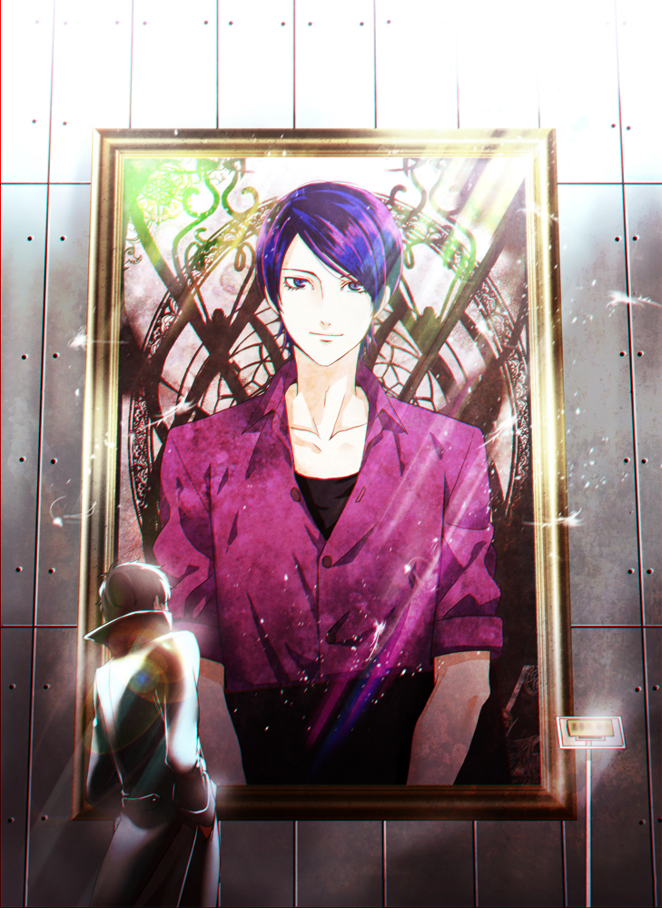 2boys, black_hair, kitagawa_yuusuke, kurusu_akira, male_focus, mina_(o414), multiple_boys, painting_(object)