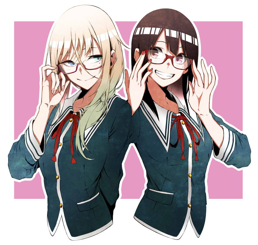 2girls, absurdres, amamizu_seri, aqua_eyes, bangs, bespectacled, black_hair, blonde_hair, blue_eyes, borrowed_character, character_request, crossover, glasses, grin, hair_between_eyes, heterochromia, highres, long_hair, mole, mole_under_eye, multiple_girls, nail_polish, original, pink-framed_eyewear, red-framed_eyewear, red_eyes, school_uniform, semi-rimless_glasses, smile, under-rim_glasses, upper_body, vice_(kuronekohadokoheiku), violet_eyes