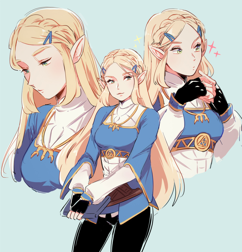 1girl, blonde_hair, blue_background, blush, fingerless_gloves, gloves, green_eyes, hair_ornament, hairclip, highres, hyoon_(sockgyu), light_smile, long_hair, multiple_views, pants, pointy_ears, princess_zelda, raised_eyebrows, sketch, the_legend_of_zelda, the_legend_of_zelda:_breath_of_the_wild, triforce