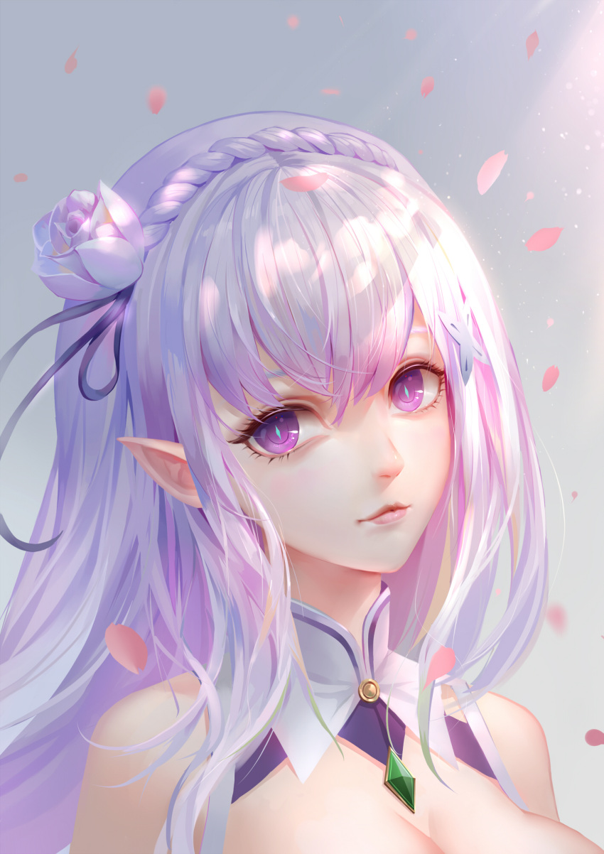 1girl, bangs, bare_shoulders, braid, breasts, cleavage, closed_mouth, crown_braid