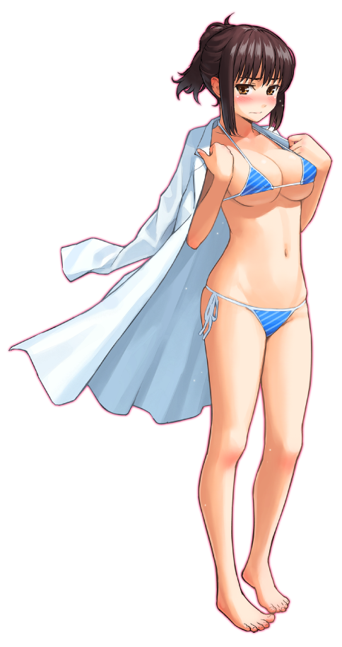 1girl, bikini, bikini_no_housoku, blue_bikini, blush, breasts, full_body, halter_top, halterneck, homunculus_(artist), jacket_on_shoulders, large_breasts, looking_at_viewer, navel, shinonome_shizuka, solo, striped, striped_bikini, swimsuit, updo, yellow_eyes