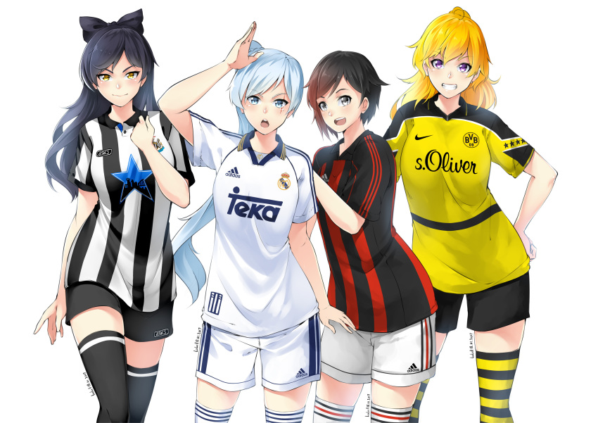 4girls, absurdres, ac_milan, adidas, asics, black_hair, blake_belladonna, blonde_hair