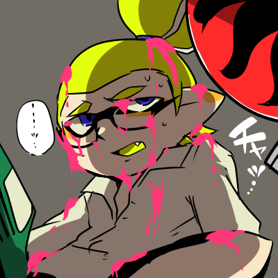 1boy, blaster_(splatoon), blue_eyes, fangs, glasses, green_hair, grey_background, ink