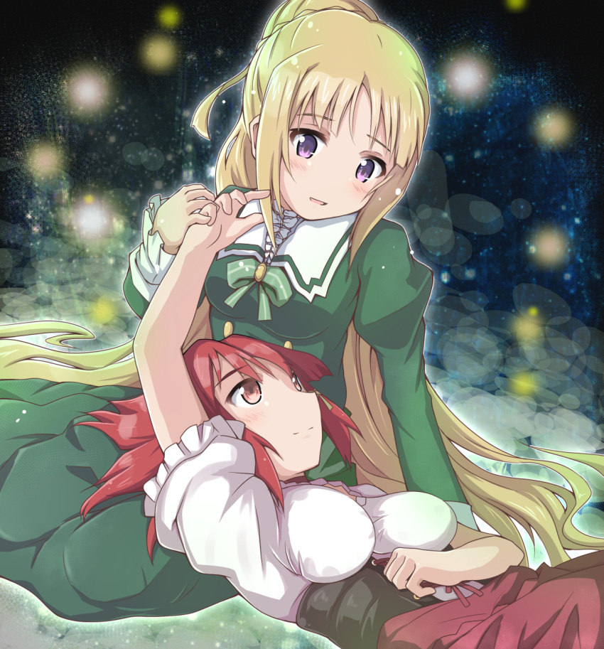 2girls, arm_support, bentoss_detritus, blonde_hair, blush, breasts, corset, highres